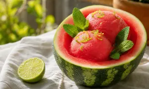 Erfrischendes Wassermelonen Sorbet, garniert mit Minze und Limettenzesten, serviert in einer ausgehöhlten Wassermelone. Daneben eine halbe Limette.