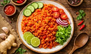 Ein Teller mit leckerem Jollof Rice, garniert mit Gurkenscheiben, Tomaten, Zwiebeln und Salat. Daneben liegen Limettenspalten, Ingwer, Knoblauch und Chilis.