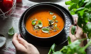 Schüssel mit leckerer Tomatensuppe, garniert mit Basilikum. Ein Korb mit frischen Tomaten und Salz daneben. Perfekt für ein Tomatensuppe Rezept mit frischen Tomaten.