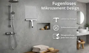 Modernes, fugenloses Badezimmer mit Mikrozement-Design. Dusche, Handtücher und ein Fensterwischer sind zu sehen.