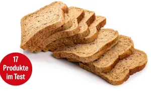 Scheiben von Vollkorntoast, die zeigen, ob Vollkorntoast gesund ist. Ein roter Kreis mit "17 Produkte im Test" ist sichtbar.