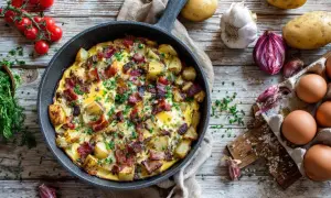 Herzhafte Kartoffel-Speck-Pfanne, perfekt, um Reste zu verwerten. Mit Eiern, Kartoffeln, Speck und Kräutern.