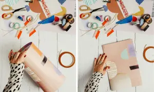 Kreativ geschenktaschen basteln mit buntem Papier, Schere und Klebeband. Hände formen eine Papierrolle zu einer Tasche.