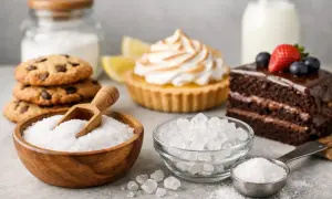 Süße Versuchungen: Kekse, Kuchen und Tarte. Eine Schüssel mit Kristallen lädt dazu ein, Zucker durch Erythrit zu ersetzen.