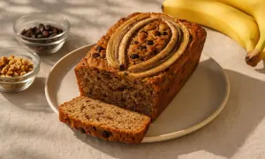 Ein saftiges Bananenbrot ohne Zucker, vegan, mit Schokostückchen und Bananenscheiben garniert. Daneben Schüsseln mit Schokodrops und Nüssen.