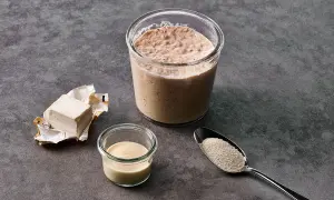 Frischer Hefewürfel, ein Glas mit Sauerteig, eine kleine Schale mit Milch und ein Löffel mit Trockenhefe – Zutaten für einen Hefe Ersatz.