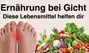 Ernährung bei Gicht: Füße mit Gichtschmerz und ein Korb voller frischem Gemüse und Obst. Diese purinarme Lebensmittel helfen dir.