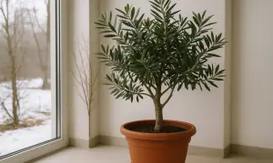 Ein kleiner Olivenbaum im Topf, bereit für die Olivenbaum Pflege. Im Hintergrund ein verschneiter Garten durch ein Fenster.