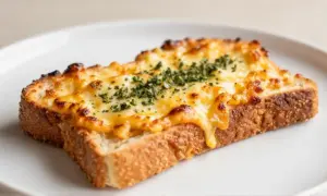 Ein knuspriges Toastie, üppig mit geschmolzenem Käse und Kräutern belegt. Perfekt zum Belegen und Genießen.