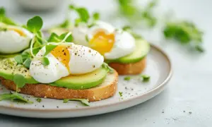 Zwei Avocadotoasts mit perfekt pochierten Eiern ohne Essig, garniert mit frischen Sprossen und Pfeffer.
