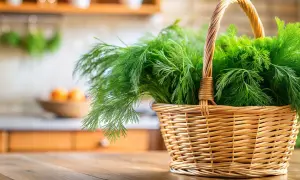 Ein Korb voller frischem Dill, dessen feine Blätter die Wirkung von Frische und Aroma versprechen.