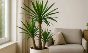 Eine dreistämmige Yucca Palme in einem weißen Topf steht neben einem Fenster. Im Hintergrund ein beiger Sessel mit Kissen.
