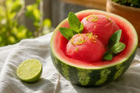 Erfrischendes Wassermelonen Sorbet, garniert mit Minze und Limettenzesten, serviert in einer ausgehöhlten Wassermelone. Daneben eine halbe Limette.