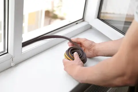 Hände halten eine aufgerollte Fensterdichtung bereit, um sie am Fensterrahmen anzubringen. Fensterdichtung erneuern für mehr Gemütlichkeit.