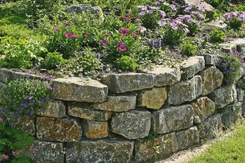 Eine rustikale Trockenmauer bauen, die mit bunten Blumen und grünem Gras verschönert wird.