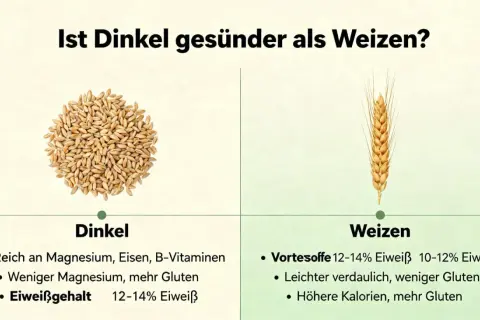 Dinkelkörner und eine Weizenähre im Vergleich. Dinkel ist reich an Magnesium, Eisen und B-Vitaminen, was ihn gesünder macht, besonders für Dinkelnudeln.
