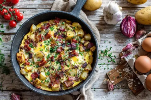 Herzhafte Kartoffel-Speck-Pfanne, perfekt, um Reste zu verwerten. Mit Eiern, Kartoffeln, Speck und Kräutern.