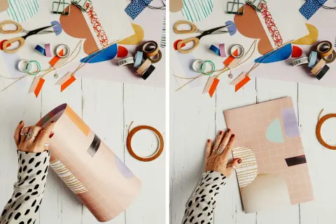 Kreativ geschenktaschen basteln mit buntem Papier, Schere und Klebeband. Hände formen eine Papierrolle zu einer Tasche.