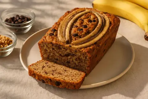 Ein saftiges Bananenbrot ohne Zucker, vegan, mit Schokostückchen und Bananenscheiben garniert. Daneben Schüsseln mit Schokodrops und Nüssen.