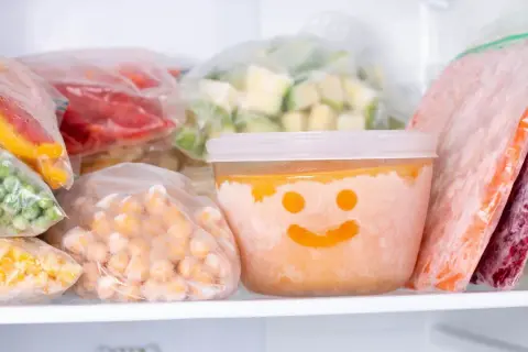 Gefrierbrand vermeiden: Gefrorenes Gemüse und Obst in Beuteln und einem Behälter mit Smiley-Gesicht im Gefrierschrank.