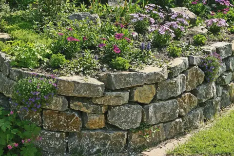 Eine **trockenmauer** sichert den **Hang** mit Natursteinen. Blumen und Grünpflanzen wachsen üppig darauf und daneben.