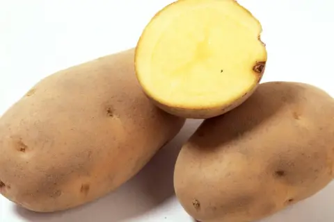 Drei rohe Kartoffeln, eine davon halbiert, zeigen ihr hellgelbes Inneres. Wer mag, kann sie roh essen.