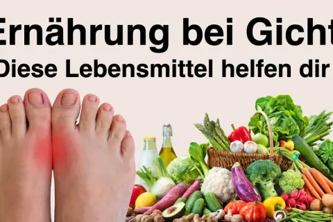 Ernährung bei Gicht: Füße mit Gichtschmerz und ein Korb voller frischem Gemüse und Obst. Diese purinarme Lebensmittel helfen dir.