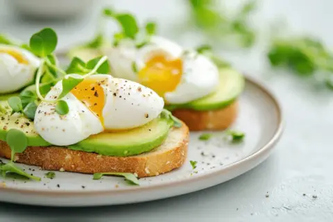 Zwei Avocadotoasts mit perfekt pochierten Eiern ohne Essig, garniert mit frischen Sprossen und Pfeffer.