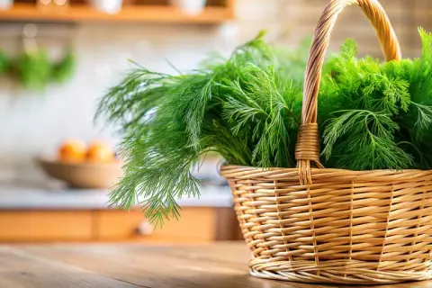 Ein Korb voller frischem Dill, dessen feine Blätter die Wirkung von Frische und Aroma versprechen.