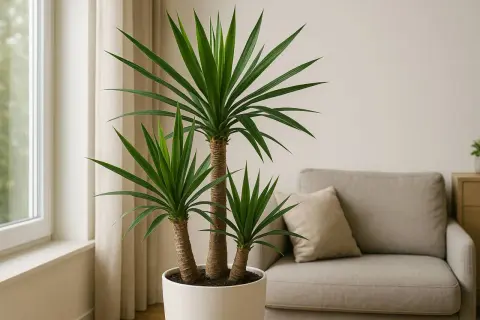 Eine dreistämmige Yucca Palme in einem weißen Topf steht neben einem Fenster. Im Hintergrund ein beiger Sessel mit Kissen.