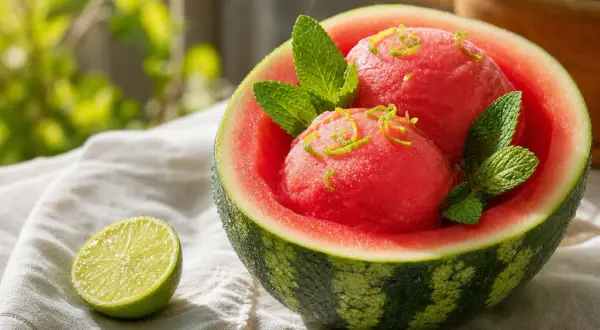 Erfrischendes Wassermelonen Sorbet, garniert mit Minze und Limettenzesten, serviert in einer ausgehöhlten Wassermelone. Daneben eine halbe Limette.