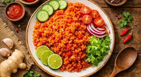 Ein Teller mit leckerem Jollof Rice, garniert mit Gurkenscheiben, Tomaten, Zwiebeln und Salat. Daneben liegen Limettenspalten, Ingwer, Knoblauch und Chilis.