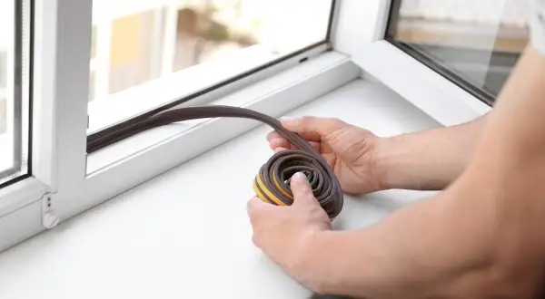 Hände halten eine aufgerollte Fensterdichtung bereit, um sie am Fensterrahmen anzubringen. Fensterdichtung erneuern für mehr Gemütlichkeit.