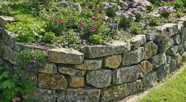 Eine rustikale Trockenmauer bauen, die mit bunten Blumen und grünem Gras verschönert wird.