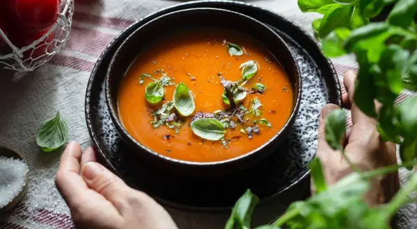 Schüssel mit leckerer Tomatensuppe, garniert mit Basilikum. Ein Korb mit frischen Tomaten und Salz daneben. Perfekt für ein Tomatensuppe Rezept mit frischen Tomaten.