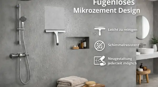 Modernes, fugenloses Badezimmer mit Mikrozement-Design. Dusche, Handtücher und ein Fensterwischer sind zu sehen.