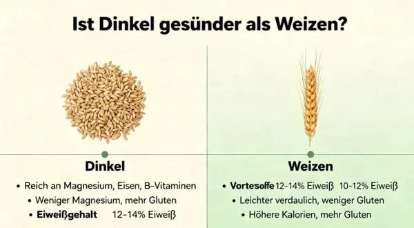 Dinkelkörner und eine Weizenähre im Vergleich. Dinkel ist reich an Magnesium, Eisen und B-Vitaminen, was ihn gesünder macht, besonders für Dinkelnudeln.