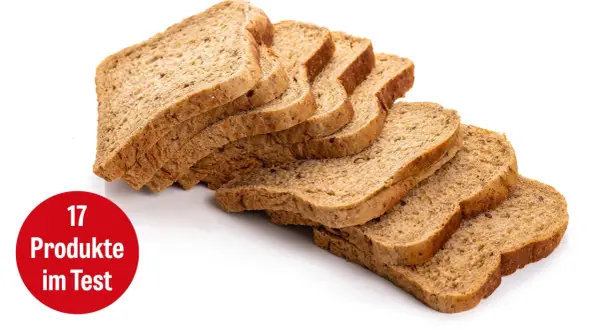 Scheiben von Vollkorntoast, die zeigen, ob Vollkorntoast gesund ist. Ein roter Kreis mit "17 Produkte im Test" ist sichtbar.