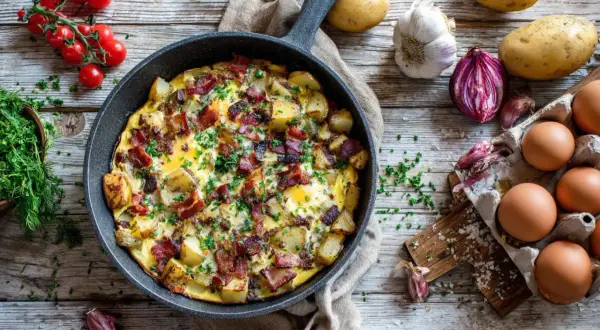 Herzhafte Kartoffel-Speck-Pfanne, perfekt, um Reste zu verwerten. Mit Eiern, Kartoffeln, Speck und Kräutern.