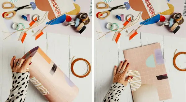 Kreativ geschenktaschen basteln mit buntem Papier, Schere und Klebeband. Hände formen eine Papierrolle zu einer Tasche.