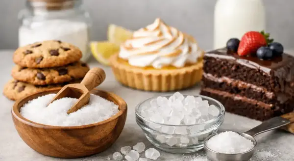 Süße Versuchungen: Kekse, Kuchen und Tarte. Eine Schüssel mit Kristallen lädt dazu ein, Zucker durch Erythrit zu ersetzen.