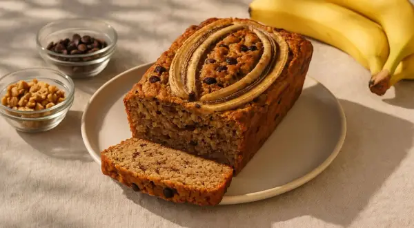 Ein saftiges Bananenbrot ohne Zucker, vegan, mit Schokostückchen und Bananenscheiben garniert. Daneben Schüsseln mit Schokodrops und Nüssen.