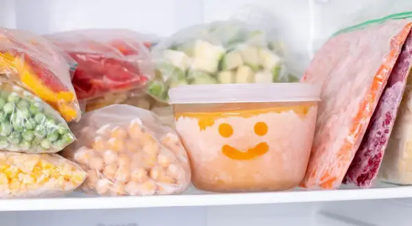 Gefrierbrand vermeiden: Gefrorenes Gemüse und Obst in Beuteln und einem Behälter mit Smiley-Gesicht im Gefrierschrank.