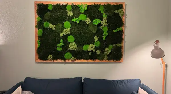 Ein **Moosbild selber machen** ist eine tolle Idee! Dieses Bild zeigt ein rechteckiges Moosbild mit verschiedenen Grüntönen und Texturen, gerahmt in Holz.