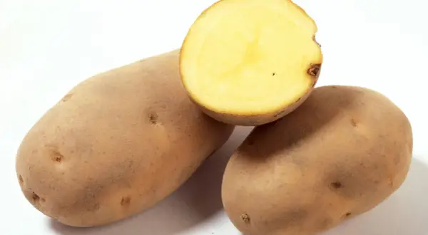 Drei rohe Kartoffeln, eine davon halbiert, zeigen ihr hellgelbes Inneres. Wer mag, kann sie roh essen.