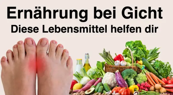 Ernährung bei Gicht: Füße mit Gichtschmerz und ein Korb voller frischem Gemüse und Obst. Diese purinarme Lebensmittel helfen dir.