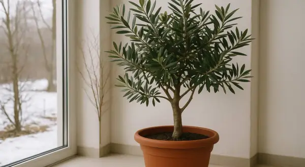Ein kleiner Olivenbaum im Topf, bereit für die Olivenbaum Pflege. Im Hintergrund ein verschneiter Garten durch ein Fenster.