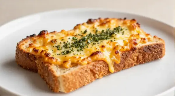 Ein knuspriges Toastie, üppig mit geschmolzenem Käse und Kräutern belegt. Perfekt zum Belegen und Genießen.