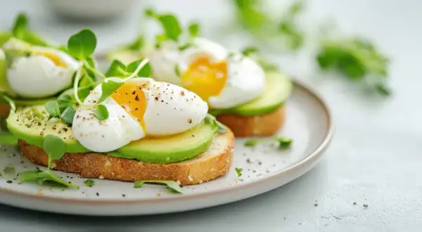 Zwei Avocadotoasts mit perfekt pochierten Eiern ohne Essig, garniert mit frischen Sprossen und Pfeffer.