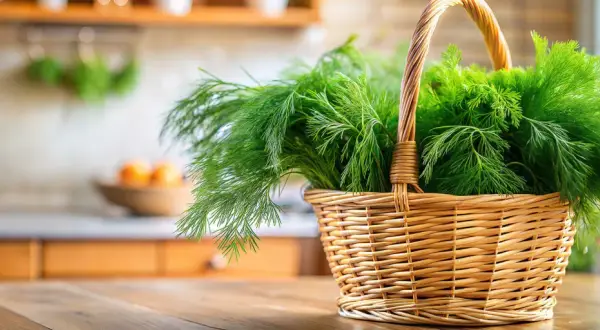 Ein Korb voller frischem Dill, dessen feine Blätter die Wirkung von Frische und Aroma versprechen.